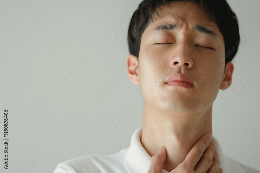 Man Touching Throat Experiencing Discomfort Man Touching Throat Experiencing Discomfort