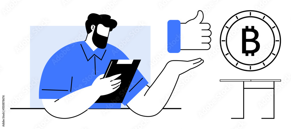 Man holding clipboard, giving thumbs up sign towards a table with Bitcoin symbol. Ideal for finance, cryptocurrency, investment, blockchain technology, economic analysis, business strategy, digital Man holding clipboard, giving thumbs up sign towards a table with Bitcoin symbol. Ideal for finance, cryptocurrency, investment, blockchain technology, economic analysis, business strategy, digital