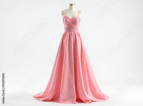 Pink chiffon maxi dress with ruched bodice and floral print display on plain white background. NEW IMAGE 