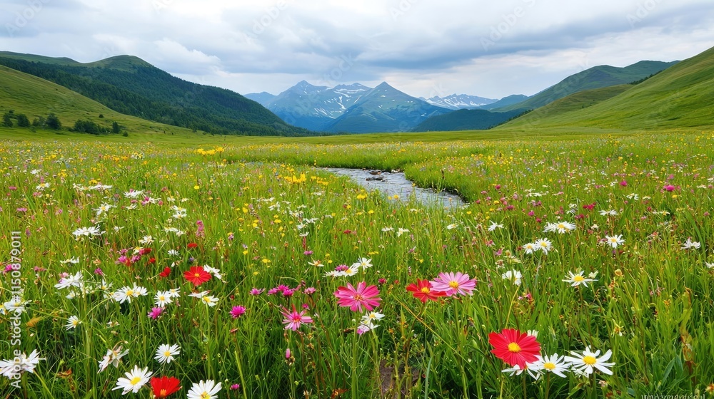 Fototapeta premium Serene nature concept. Vibrant wildflower field with a stream and mountains under a cloudy sky.