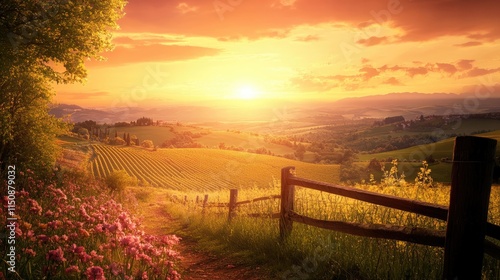 Serene Sunset Overrolling Green Hills and Colorful Wildflowers