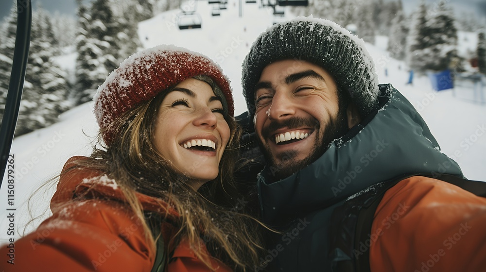 Winter Wonderland Joy, A Couple's Radiant Ski Lift Break During Christmas, Faces Aglow with Cold and Anticipation, Captured From Below Winter Wonderland Joy, A Couple's Radiant Ski Lift Break During Christmas, Faces Aglow with Cold and Anticipation, Captured From Below