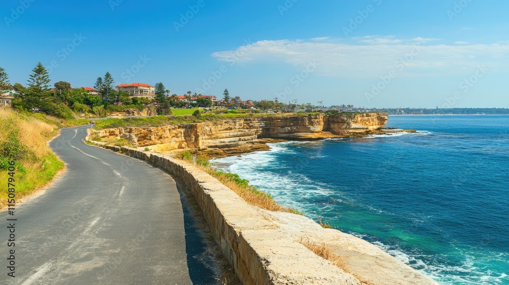 Scenic Coastal Road with Cliffs and Blue Ocean Under Clear Sky Scenic Coastal Road with Cliffs and Blue Ocean Under Clear Sky