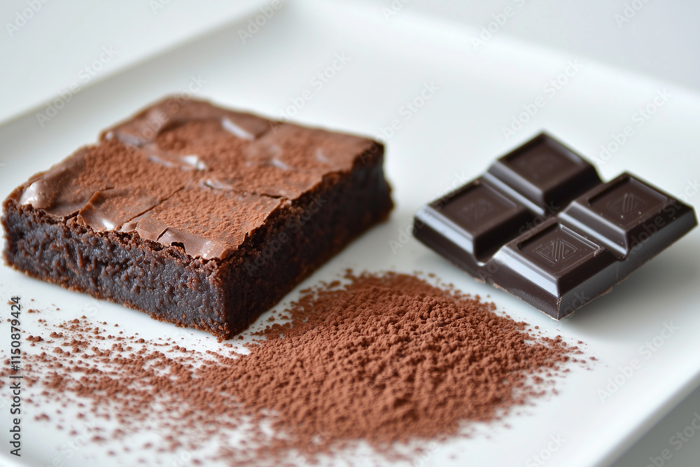 Delicious Chocolate Brownie and Cocoa Powder on Plate Delicious Chocolate Brownie and Cocoa Powder on Plate