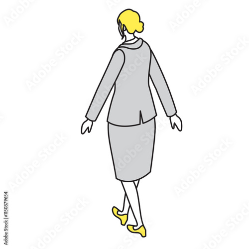 アイソメトリック_スーツ姿で歩いている女性の後ろ姿のイラスト