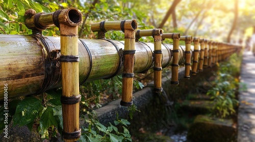 Bamboo Water Spouts Line A Garden Path photo