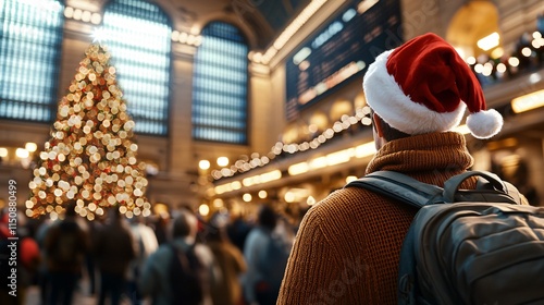 Public transport station route concept. A person in a Santa hat admires a beautifully decorated Christmas tree in a bustling train station filled with holiday cheer.