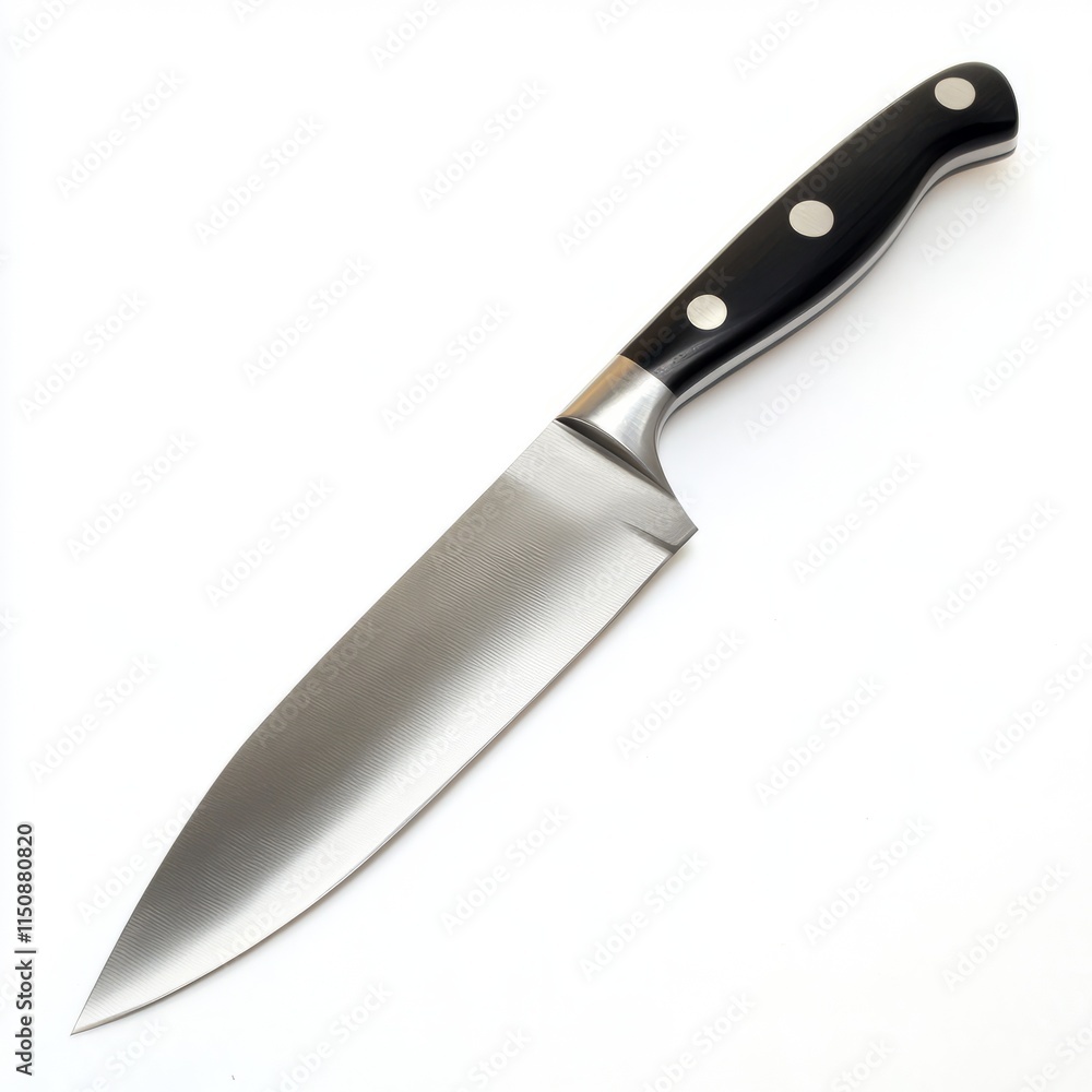 A chef knife with a polished blade on a white background A chef knife with a polished blade on a white background