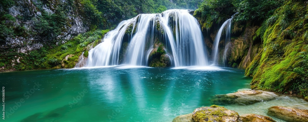 Fototapeta premium Serene nature idea. A serene waterfall cascading into a crystal-clear pool surrounded by lush greenery.