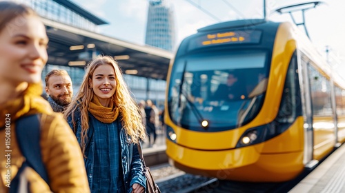Public transport station route concept. Two smiling young women walk towards a bright yellow train at a modern city station with people in the background.