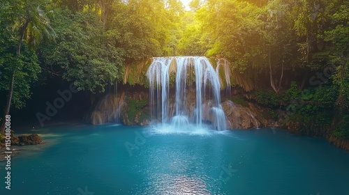 Serene nature concept. A serene waterfall cascading into a tranquil turquoise pool surrounded by lush vegetation.