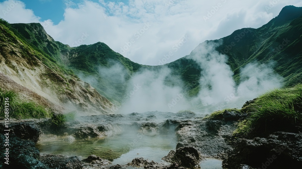 Breathtaking Landscape with Steaming Hot Springs and Mountains Breathtaking Landscape with Steaming Hot Springs and Mountains