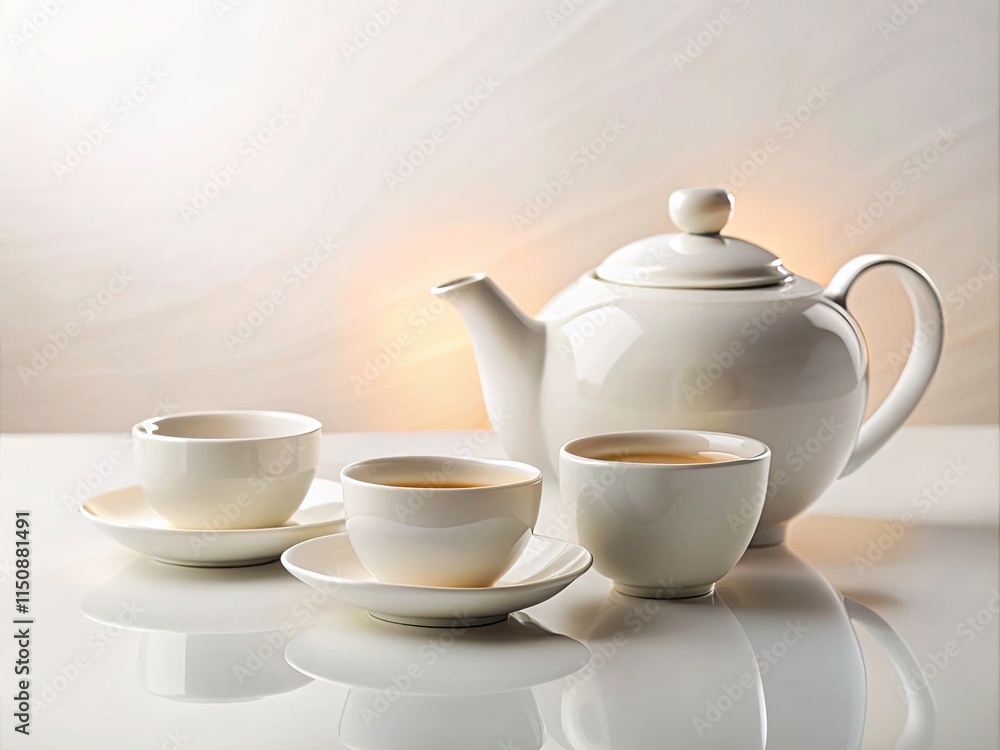 Pure white tea set: elegant teapot and cups, minimalist photography. A serene aesthetic. Pure white tea set: elegant teapot and cups, minimalist photography. A serene aesthetic.
