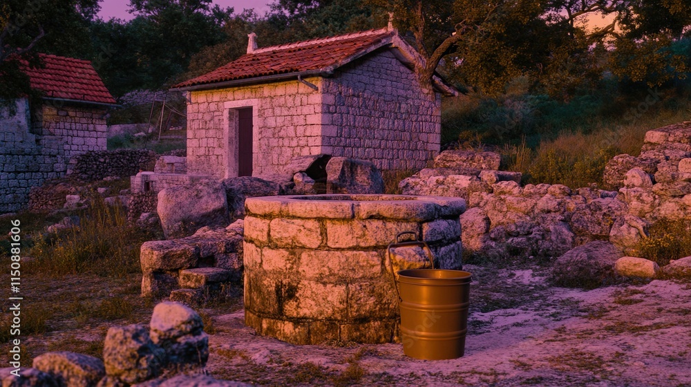 Stone well and houses at sunset rural scene Stone well and houses at sunset rural scene