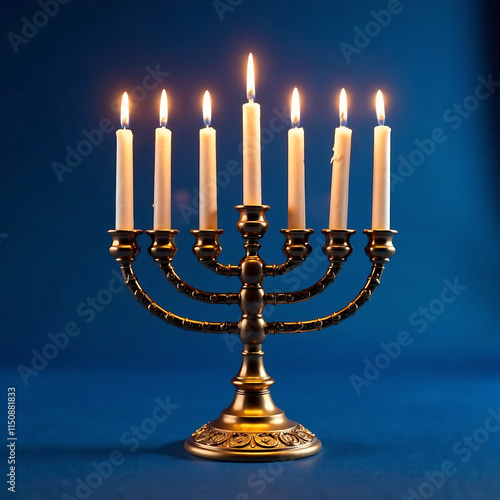 Traditional Menorah with burning candles on blue background for Hanukkah, Jewish holiday. Banner with the word 