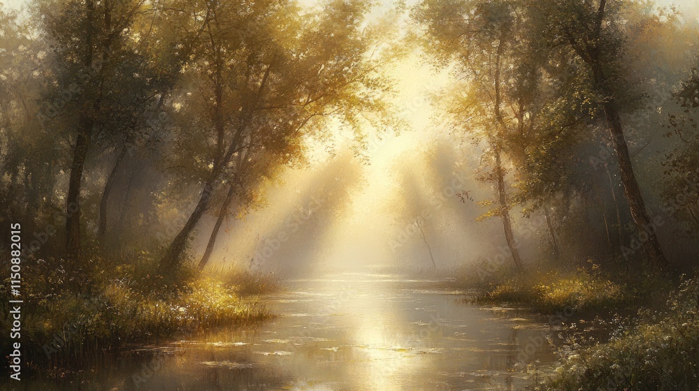 Fototapeta premium Serene Morning Light Through Trees Reflecting on Peaceful Water