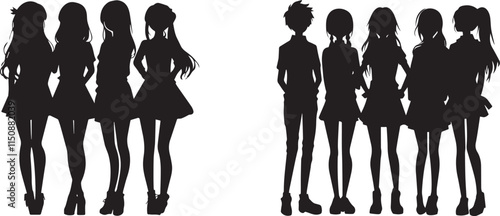 Silhouette of a anime group of friends vector silhouette