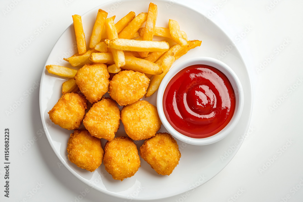 Plate of Chicken Nuggets and Fries with Ketchup Plate of Chicken Nuggets and Fries with Ketchup