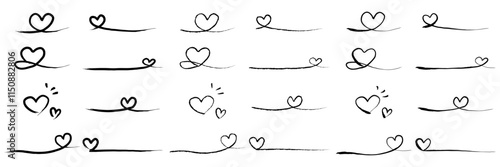 手書きのハート素材のセット、ハートの線、装飾ライン