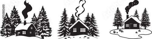Silhouette of a cabin with smoke coming from the chimney, surrounded by snow-covered trees vector silhouette