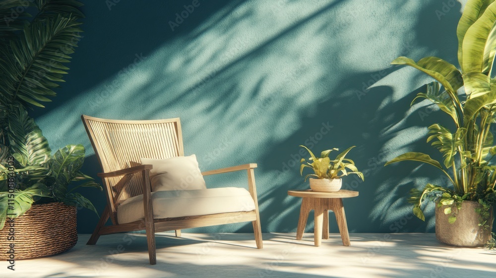 Obraz premium Relaxing armchair in sunlit room with plants.