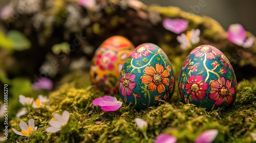 Colorful Easter Eggs Surrounded by Greenery and Petals in Nature