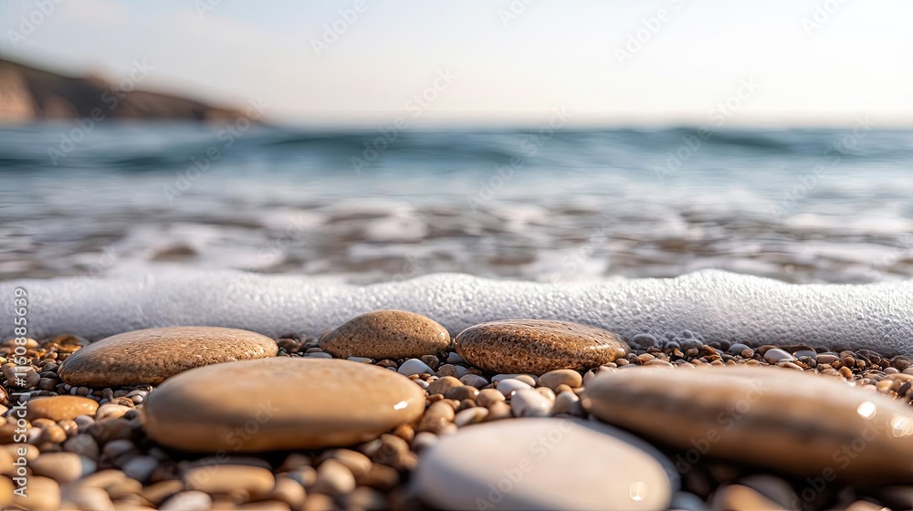 Serene nature concept. Tranquil beach view with pebbles, gentle waves and sunlight creating a serene atmosphere. Serene nature concept. Tranquil beach view with pebbles, gentle waves and sunlight creating a serene atmosphere.