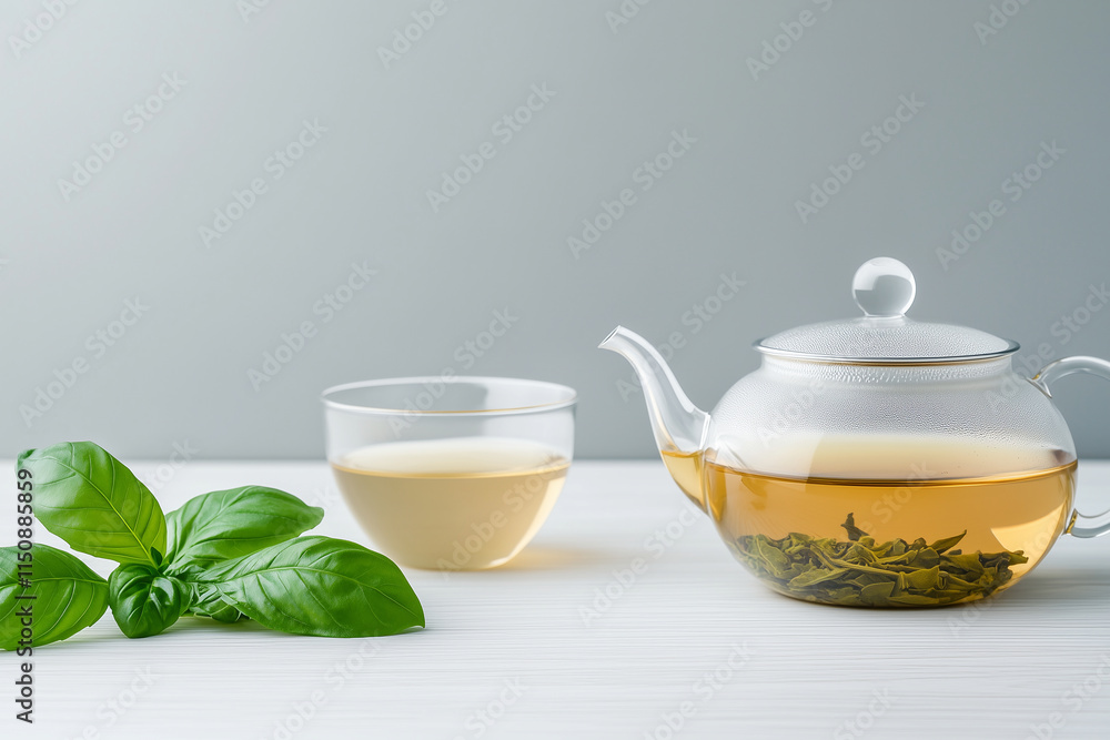 White Teapot and Cup with Fresh Green Tea Leaves White Teapot and Cup with Fresh Green Tea Leaves