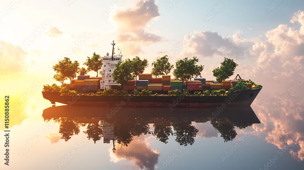 Obraz premium Eco-friendly cargo ship with lush greenery on deck, floating serenely on calm waters at sunrise.