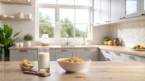 Wallpaper Mural A nutritious breakfast scene in a bright kitchen featuring a bowl of cereal, a glass of milk, and some biscuits Torontodigital.ca