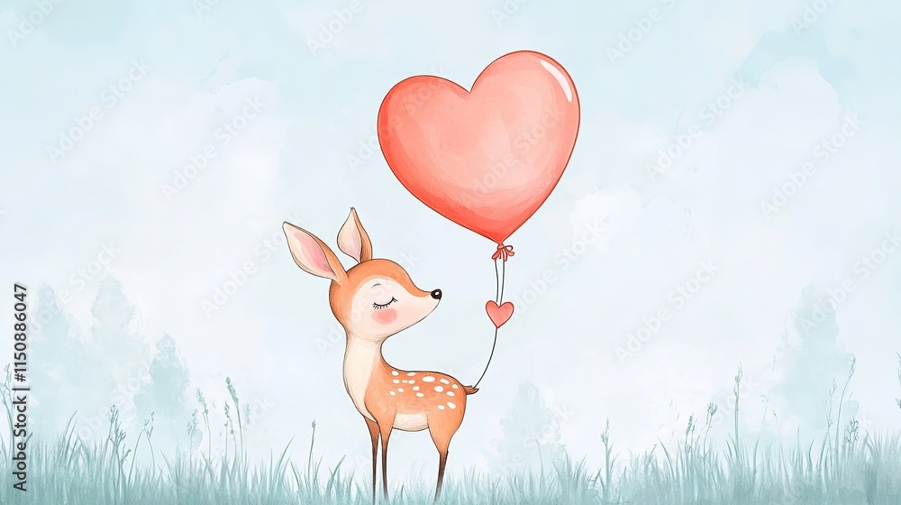 Fototapeta premium Adorable floating deer holding a heart-shaped balloon in a whimsical woodland setting. Valentine's Day concept with a cute forest animal, romantic and heartwarming. Dreamlike atmosphere with soft colo