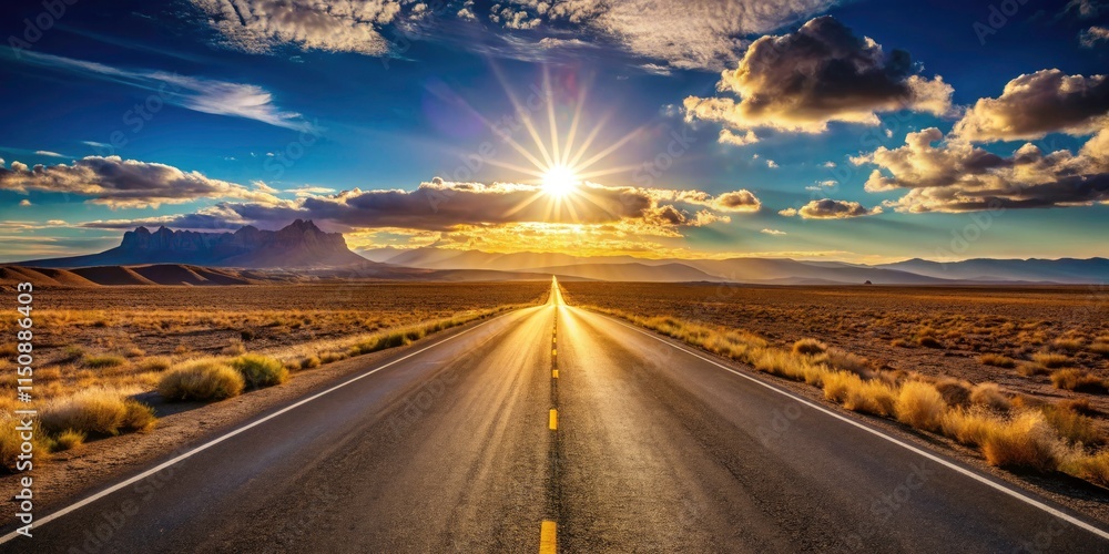 Naklejka premium Sun-drenched New Mexico highway stretches to the horizon, a quintessential Southwestern landscape.