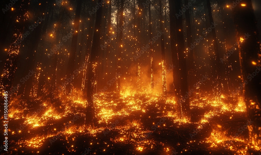 Naklejka premium Forest fire burning intensely at night.