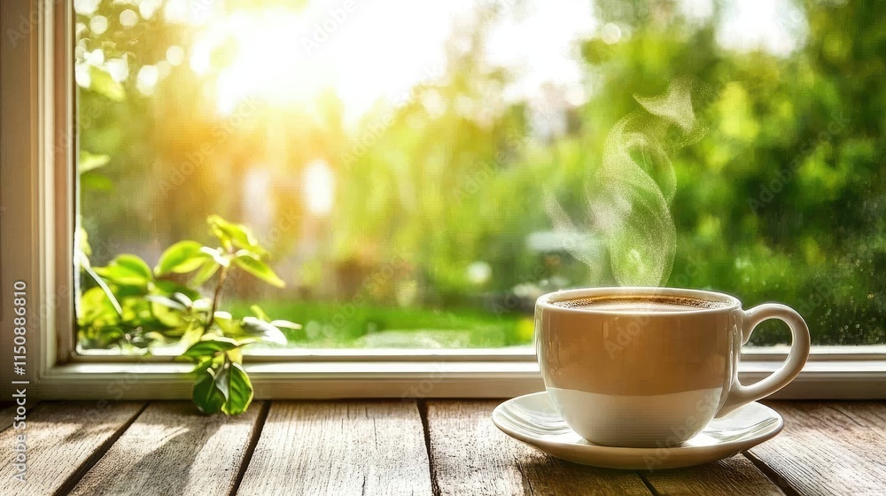Warm Cup of Coffee on Wooden Table with Sunlight and Greenery Warm Cup of Coffee on Wooden Table with Sunlight and Greenery