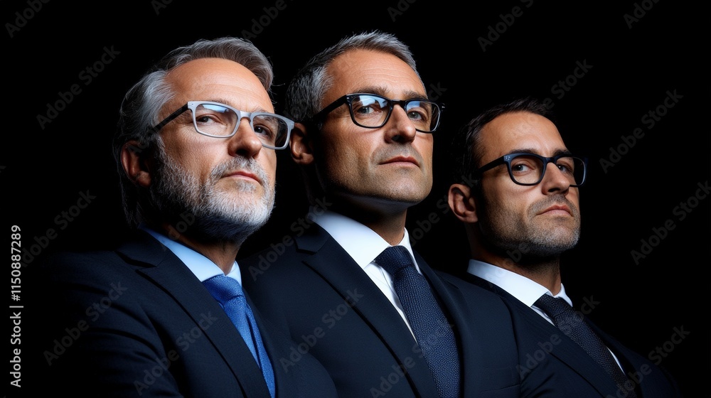 The Power of Three: A trio of confident and experienced businessmen stand united, their determination and focus evident in their gazes. The image is a powerful symbol of leadership, strategy. The Power of Three: A trio of confident and experienced businessmen stand united, their determination and focus evident in their gazes. The image is a powerful symbol of leadership, strategy.