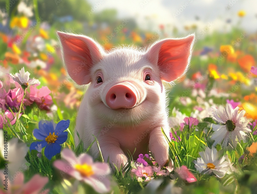 Adorable piglet frolics in vibrant meadow surrounded by blooming flowers Adorable piglet frolics in vibrant meadow surrounded by blooming flowers