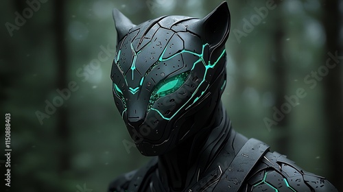 Futuristic panther-like robot head in a dark forest.