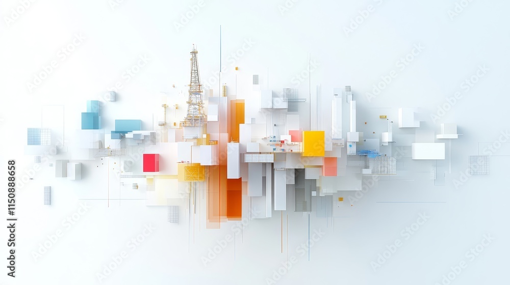 Obraz premium Abstract representation of an oil drilling rig surrounded by colorful geometric shapes and innovative design elements, ideal for energy and technology themes