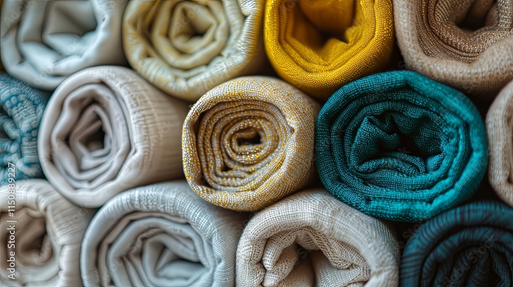 Rolled fabric bolts in various colors and textures, closely stacked. Rolled fabric bolts in various colors and textures, closely stacked.