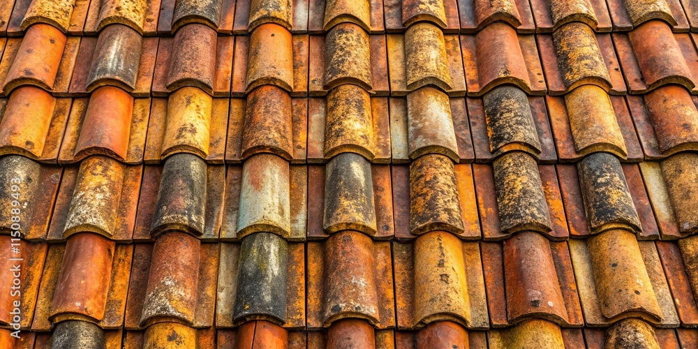 Aged clay roof tiles, an intricate pattern of weathered terracotta, showcasing the beauty of time and texture Aged clay roof tiles, an intricate pattern of weathered terracotta, showcasing the beauty of time and texture