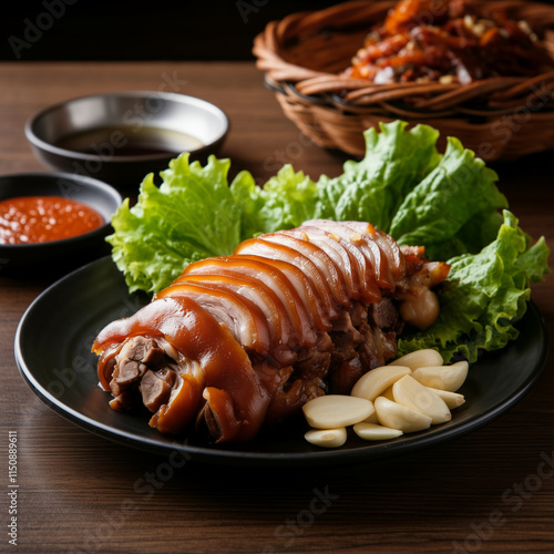 Korean Jokbal Served with Garlic and Lettuce