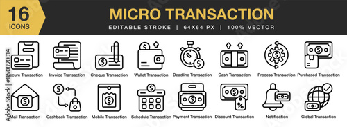 Micro Transactions icon set. Editable Stroke Icon Collection. Includes transaction, finance, micro, business, technology, money, payment, and More. Outline icons vector collection.