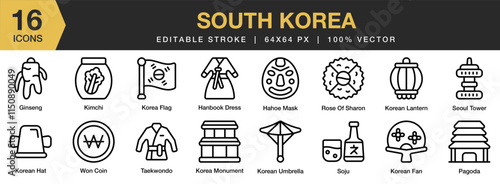 South Korea icon set. Editable Stroke Icon Collection. Includes travel, korea, asia, country, south, national, and More. Outline icons vector collection.