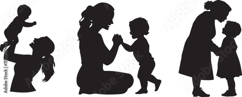 Silhouette of a mother kissing her child’s forehead,   mother kneeling and playing with her child, lifting her child into the air vector silhouette