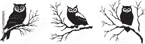 Silhouette of an owl perched on a snow-covered branch vector silhouette