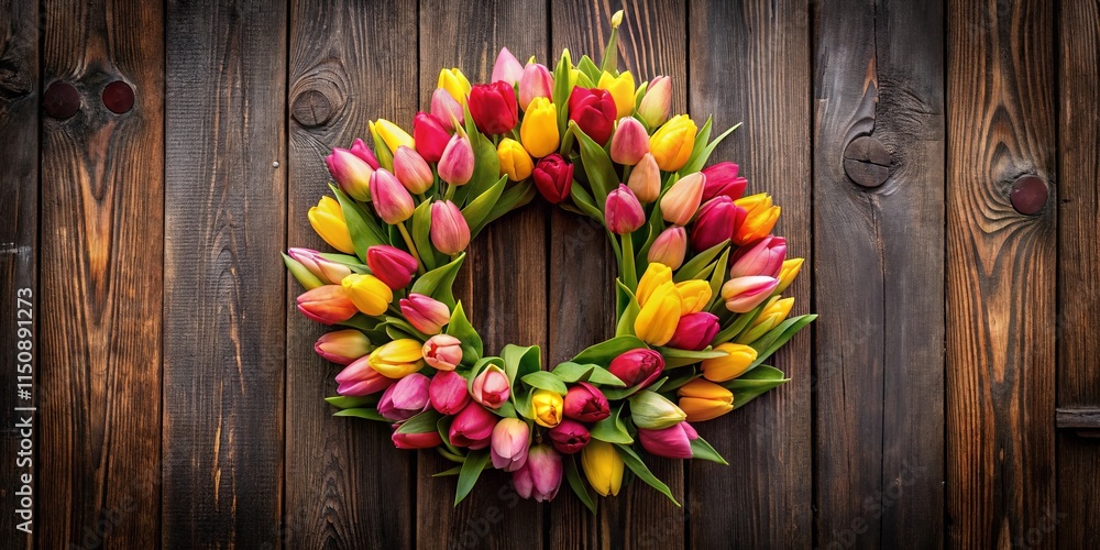 Vibrant Tulip Wreath Arranged on Dark Wooden Planks Vibrant Tulip Wreath Arranged on Dark Wooden Planks