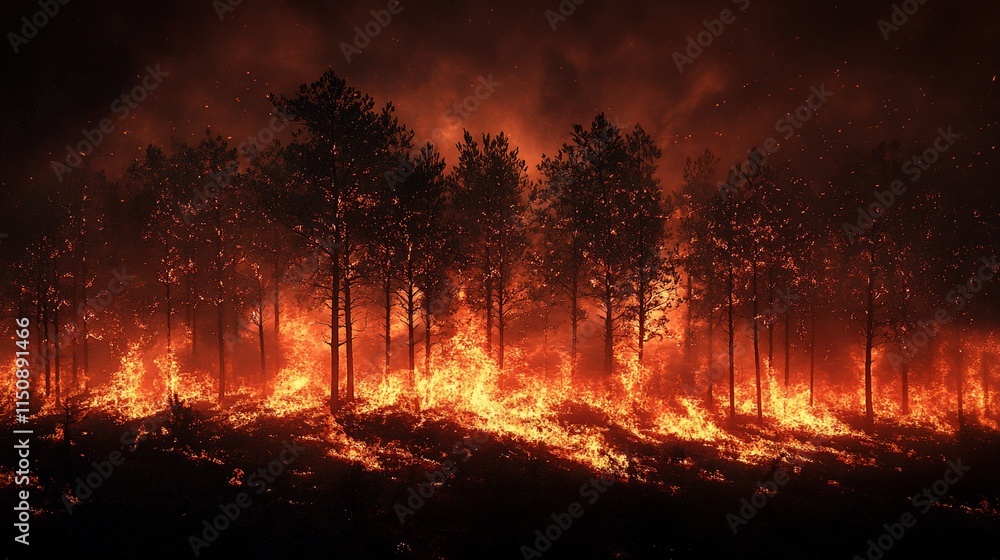 Intense wildfire engulfing a dense forest at night. (1) Intense wildfire engulfing a dense forest at night. (1)