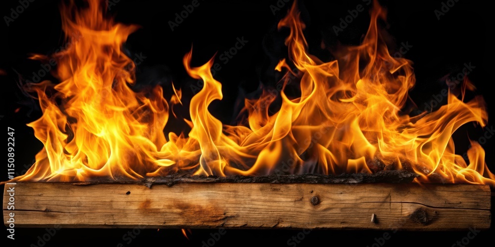 Fototapeta premium Flames engulfing a dark wooden beam on a black background, burning wood, fire on wood, burning wood