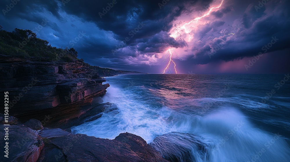 Naklejka premium Lightning strike over a dramatic ocean coastline at dusk.