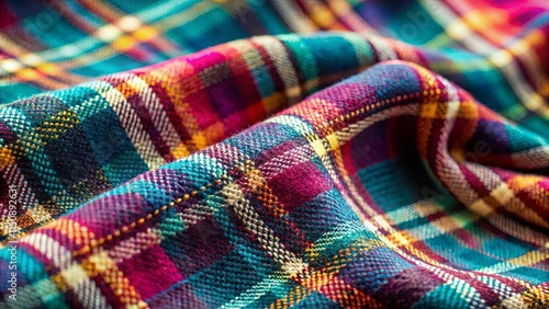 Vibrant Plaid Fabric Texture A Close-Up View of Woven Textile with Rich Colors and Intricate Pattern